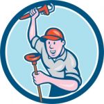 Plumber Holding Wrench Plunger Circle Cartoon Stock Photo