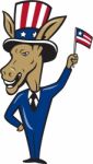 Democrat Donkey Mascot Waving Flag Cartoon Stock Photo