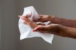 Cleaning Fingers With Wet Wipes Stock Photo