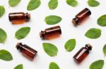 Mint Essential Oil In A Glass Bottle With Leaves On White Backgr Stock Photo