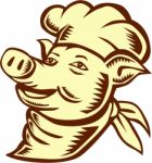 Pig Chef Cook Head Looking Up Woodcut Stock Photo