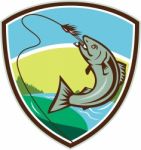 Trout Biting Hook Lure Shield Retro Stock Photo