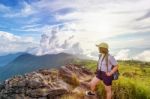 Girl Tourist Scenic Mountains Stock Photo