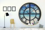 White Room Interior In Minimalist Decoration With Round Metal Clockwork Window Stock Photo