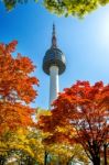 Seoul Tower And Red Autumn Maple Leaves At Namsan Mountain In South Korea Stock Photo