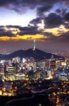 View Of Downtown Cityscape And Seoul Tower In Seoul, South Korea Stock Photo