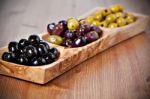 Variety Of Green, Black And Mixed Marinated Olives Stock Photo