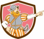 Spanish Conquistador Pointing Cartoon Shield Stock Photo