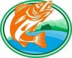 Walleye Fish Lake Cabin Oval Retro Stock Photo