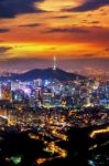 View Of Downtown Cityscape And Seoul Tower In Seoul, South Korea Stock Photo