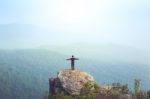 Instagram Filter Young Man Asia Tourist At Mountain Is Watching Over The Misty And Foggy Morning Sunrise, Travel Trekking Stock Photo