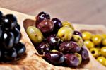 Variety Of Green, Black And Mixed Marinated Olives Stock Photo