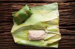 Nham Sour Pork In Banana Leaves Thai Food Stock Photo