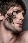 Portrait Of A Young Handsome Man With Spider On His Face Stock Photo