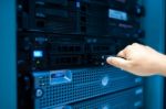 Man Fix Server Network In Data Center Room Stock Photo