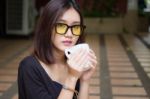 Portrait Of Thai Adult Glasses Beautiful Girl Drinking Coffee Stock Photo