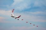 Virgin Atlantic Boeing 747-400 And Red Arrows Aerial Display At Stock Photo