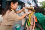 Student 9-10 Years Old, Welcome To Boy Scout Camp In Bangkok Thailand Stock Photo