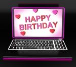 Happy Birthday Message On Computer Shows Internet Greeting Stock Photo