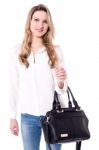 Trendy Woman Holding Hand Bag Stock Photo