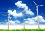 Wind Turbines, Green Wheat Fields Stock Photo