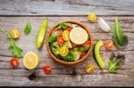 The Bowl Of Healthy Vegan Salad . Various Vegetables Avocado, To Stock Photo