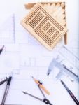 Architect Working Table With Plan Home Model And Writing Instrum Stock Photo