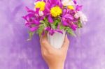 Hand Holding Bouquet Of Chrysanthemum And Orchid Flowers Isolate Stock Photo