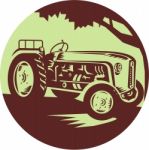 Vintage Farm Tractor Circle Woodcut Stock Photo