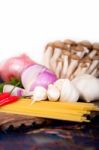 Italian Pasta And Mushroom Sauce Ingredients Stock Photo