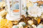 Dried Flowers With Lamp And Candle Stock Photo