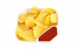 Potato Chip With Chilli Sauce Plate On White Background Stock Photo