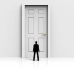 Door Mystery Shows Confused Wondering And Doorways Stock Photo