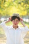 Portrait Of Young Beautiful Asian Woman Wearing Fashion Straw Ha Stock Photo