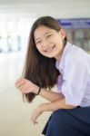 Portrait Of Thai High School Student Uniform Teen Beautiful Girl Happy And Relax Stock Photo