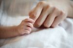 New Born Baby's Hand Gripping Mother Finger Stock Photo