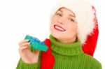 Santa Woman With Gift Stock Photo