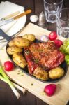 Bacon Rib And Potatoes. Farmhouse Style Meal Stock Photo