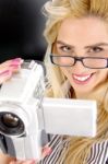 Female Holding Video Camera Stock Photo