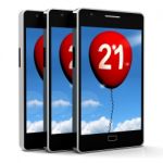 21 Balloon Phone Shows Twenty-first Happy Birthday Celebration Stock Photo