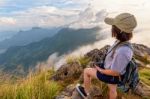 Girl Tourist On Mountains In Thailand Stock Photo