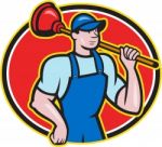 Plumber Holding Plunger Cartoon Stock Photo