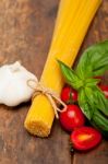 Italian Spaghetti Pasta Tomato And Basil Stock Photo