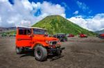 Java,indonesia-arpil 24,2017 : Tourists 4x4 Jeep For Tourist Rent At Mount Bromo In East Java , Indonesia Stock Photo