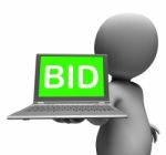 Bid Laptop Character Shows Bids Bidding Or Auction Online Stock Photo