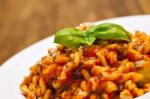 Gemelli Pasta With Homemade Tomato And Zucchini Sauce Stock Photo