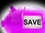 Save Piggy Bank Message Shows Savings On Products Stock Photo