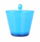 Front Of Blue Plastic Jar With Cover On White Background Stock Photo