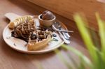 Belgian Waffles With Fruit And Chocolate, Forest Fruit, All Home Stock Photo