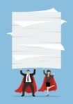 Business Man And Woman Superhero Lifting A Lot Of Documents Stock Photo